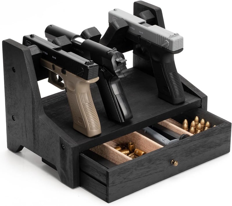 DGWJSU Pistol Rack Gun Safe, Real Wood Handgun Rack Holder for Gun Cabinet Accessories, Rustic Style Gun Rack Organizer for Nightstand, Gifts for Men - Image 1